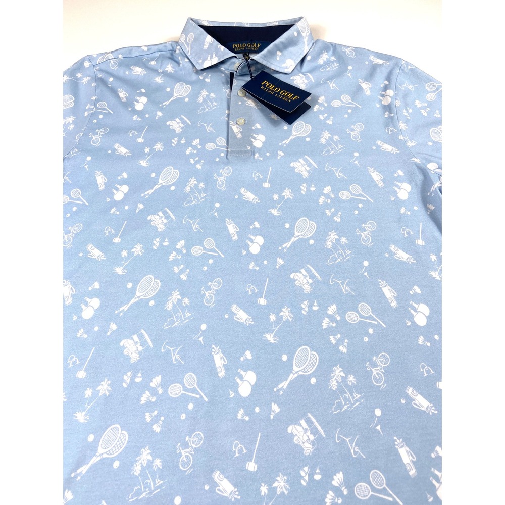 Polo Golf Ralph Lauren Shirt Blue Large With Bicycles Rackets Palm Trees Preppy - Picture 2 of 12